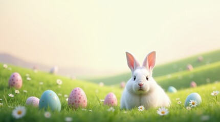 Fototapeta premium Easter Bunny and Eggs in a Spring Meadow
