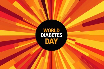 World diabetes day graphic with orange and red rays emanating from a central black circle design