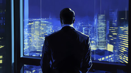 Fototapeta premium A businessman in a luxury suit, gazing at the city from a skyscraper office.