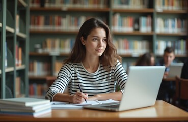 Young woman studies at library table. Female student uses laptop notebook, writes, researches, surrounded books, bookshelves. Education, learning, university, school, college, modern tech, study.