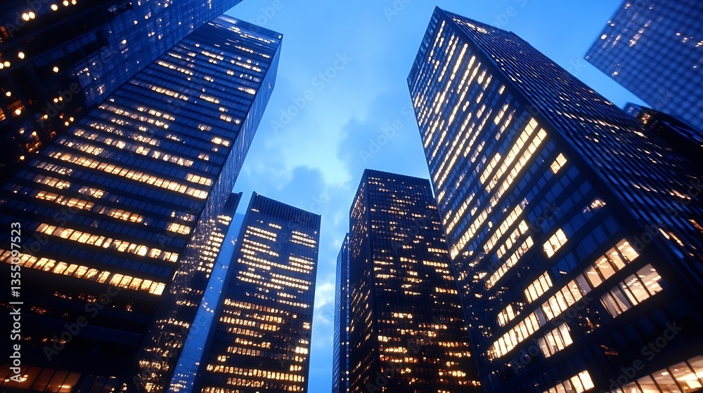 Poster stunning view of skyscrapers at dusk showcasing vibrant city lights and towering architecture : gene