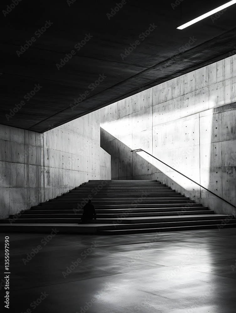 Poster Stunning minimalist staircase illuminated by natural light in modern concrete architecture : Generative AI