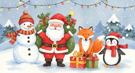 Festive Watercolor Christmas Animals and Santa - A charming watercolor illustration depicting Santa Claus, a snowman, a fox, and a penguin celebrating Christmas. Symbolizing joy, winter, friendship