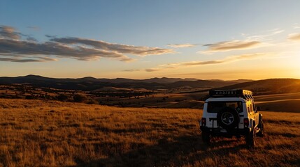 Offroad vehicle parked on a hillside during a breathtaking sunset with expansive views : Generative AI