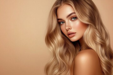 Fototapeta premium Portrait of a Beautiful Woman with Wavy Blonde Hair, Flawless Skin and Green Eyes in Studio Shot