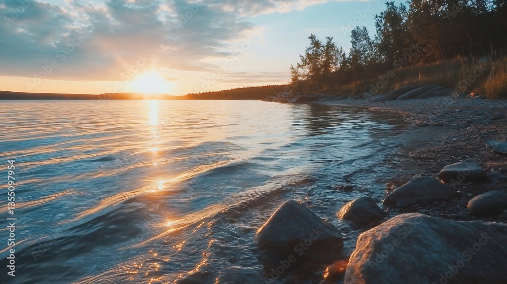 Poster breathtaking sunset over serene lake with gentle waves and rocky shore creating a tranquil atmospher