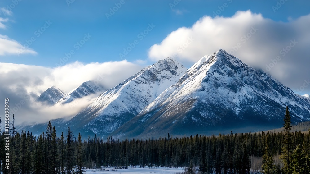 Poster majestic snowcapped mountains towering over a pristine landscape with pine trees and clear blue skie