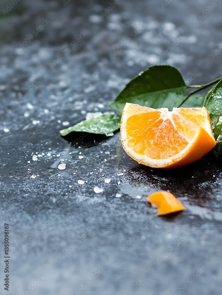 Aufkleber sliced orange half resting on a dark surface along with scattered leaves and zest adding vibrant fre