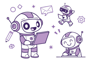 37 Cute cartoon robots, purple and white color scheme, friendly AI assistants, data analysis, task completion, digital note-taking, floating geometric shapes, sparkles, minimalist design, flat illustr