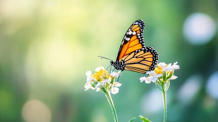 Fototapeta premium Stunning close up of a vibrant monarch butterfly perched on delicate white flowers in natural light : Generative AI