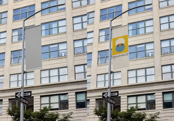 Mockup of Fly banner hanging from lamppost in New York