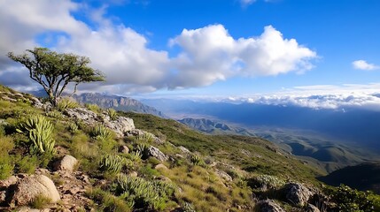 Fototapeta premium Breathtaking Mountain Landscape with Green Hills and Dramatic Clouds Under a Vast Blue Sky : Generative AI