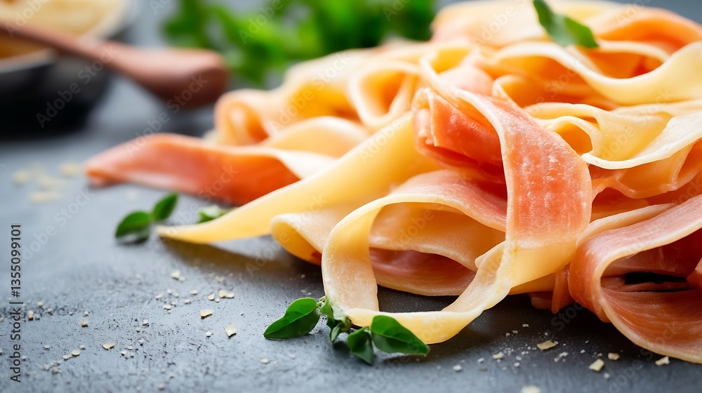 Poster closeup of fresh pasta strips elegantly arranged on a dark surface with herbs for a culinary delight