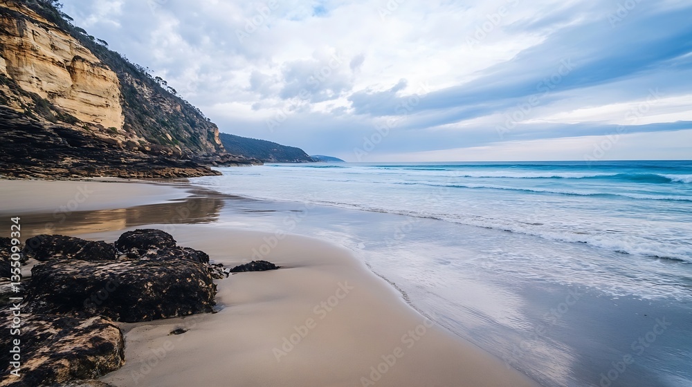 Aufkleber a scenic beach view with cliffs and waves creating a tranquil coastal landscape : generative ai