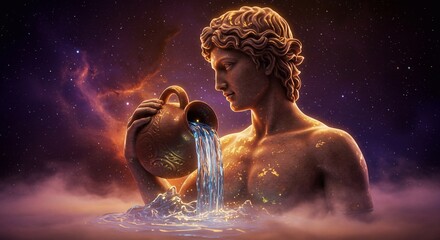 Aquarius zodiac sign against a colorful night sky. Astrological calendar. Zodiac circle with horoscope signs. High-quality illustration.