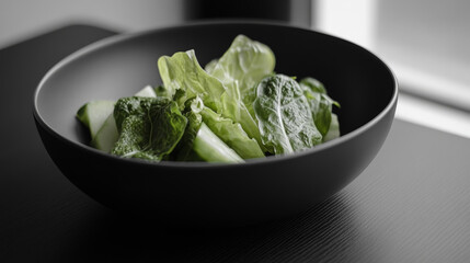 Fresh homemade salad served in a dark bowl captured with an old camera for a vintage feel