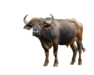 An Asian buffalo, standing on the ground, looking at the camera, Brown bull on Png Format and Transparent Background