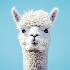 Obraz premium Funny white alpaca on blue background