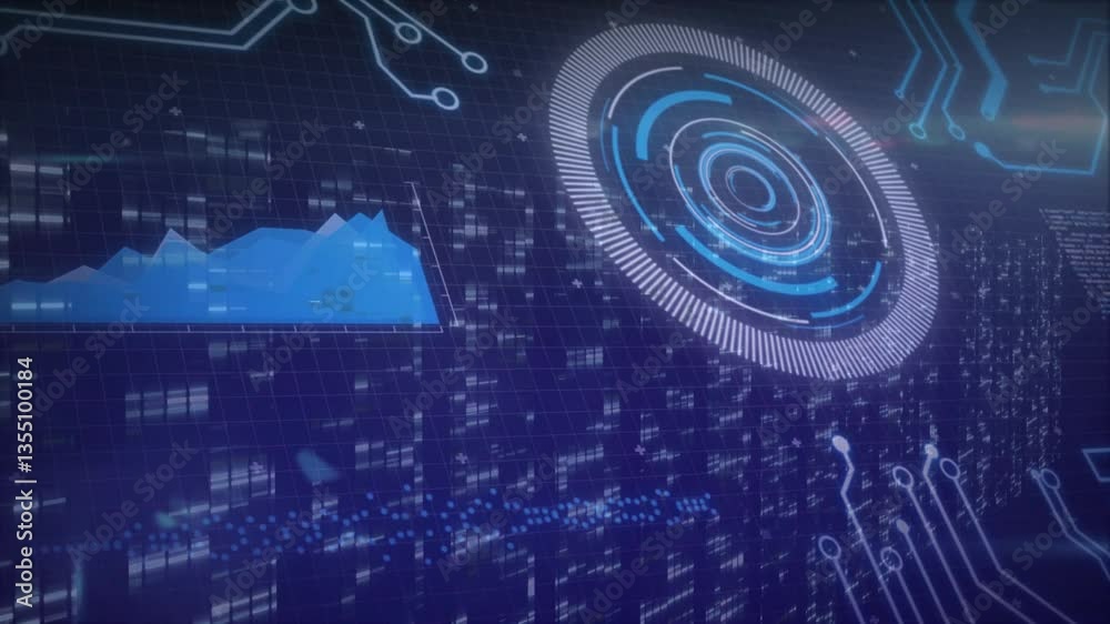 Poster animation of digital interface with graphs and circular patterns on blue grid