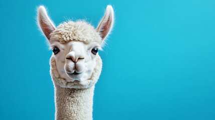 Obraz premium Funny white alpaca on blue background