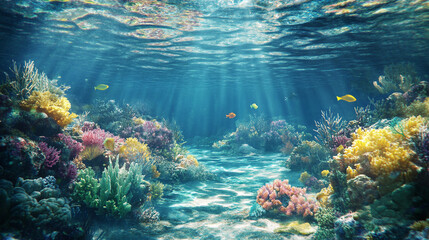 Obraz premium Underwater scene showcasing vibrant coral reefs with colorful fish swimming in sunlit waters