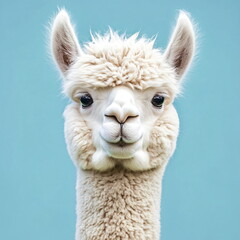 Obraz premium Funny white alpaca on blue background