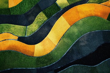 Abstract aerial view of vibrant green and gold terraced rice fields forming wavy patterns.