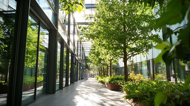 Modern urban green space featuring lush trees and glass architecture illuminated by soft sunlight : Generative AI