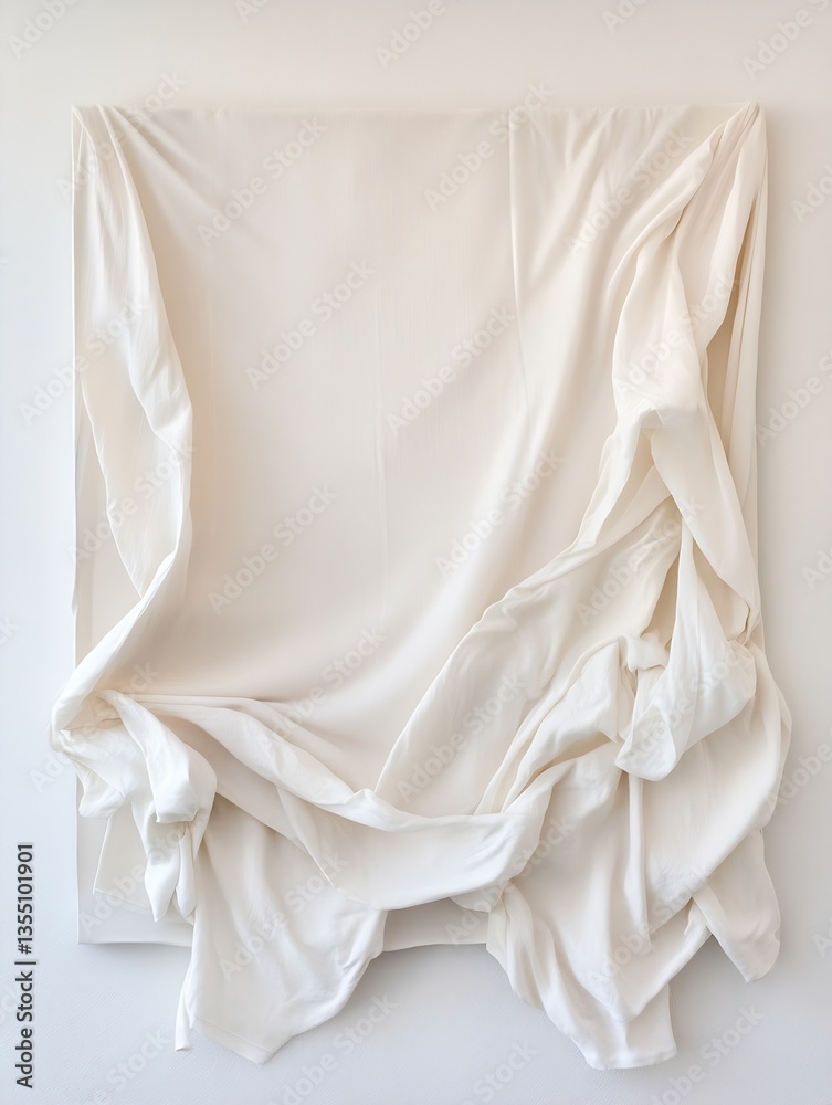 Aufkleber Artistic Display of Draped White Fabric on a Canvas Surface Evoking Movement and Elegance : Generative AI