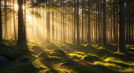 Obraz premium Golden Rays in Tranquil Woods - Serene forest bathed in sunlight, symbolizing peace, nature's beauty, tranquility, renewal, and spiritual awakening