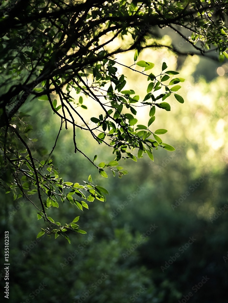 Aufkleber lush green leaves framing a glowing sunlight scene in a tranquil forest setting : generative ai