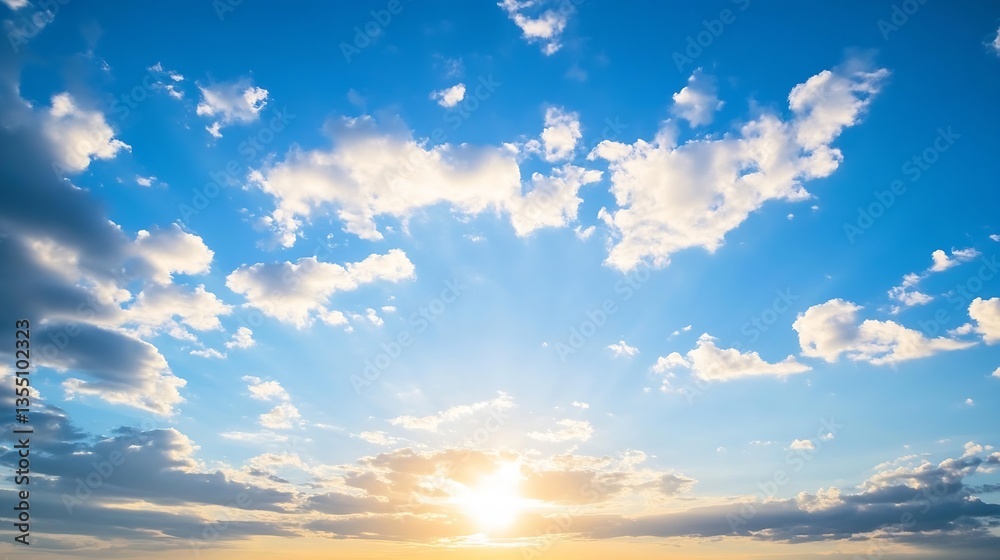 Poster radiant sun shining through clouds in a blue sky evokes a serene and calming atmosphere of nature : 