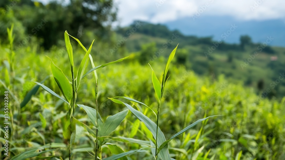 Poster lush green bamboo plants thriving in a sunlit field with rolling hills and vibrant sky creating a se