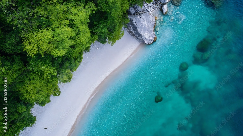 Poster stunning aerial view of a serene beach with crystal clear water surrounded by lush green trees : gen