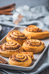 Homemade cinnamon rolls on a gray earthenware tray on gray background