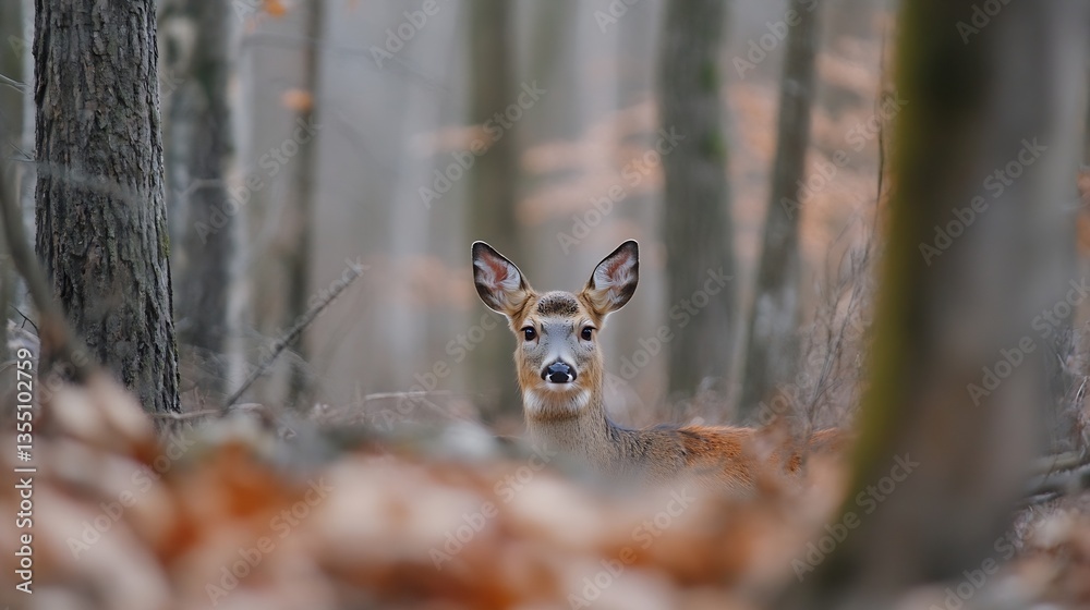Poster A curious deer peeking through the trees in a misty forest showcasing its beautiful features : Generative AI
