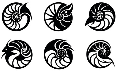 black and white, circular designs featuring nautilus or seashell shapes.