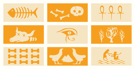 Ancient Symbols Set: A collection of minimalist, vector-style illustrations of various ancient symbols, showcasing simplified designs in a consistent color palette.