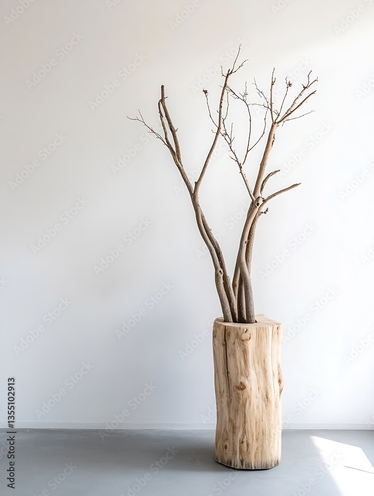 Poster Artistic display of bare branches in a rustic wooden planter on a minimalist background : Generative AI
