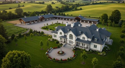 Obraz premium Grand Estate: Country Villa with Private Stables - Luxurious country living, sprawling grounds, private stables, rolling fields, and a grand villa. Symbolizing wealth, tranquility
