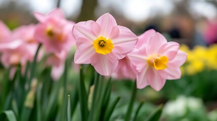 Beautiful pink daffodil flowers blooming in a garden with vibrant yellow petals and lush green leaves : Generative AI