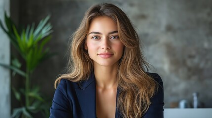 Fototapeta premium Young female executive exudes confidence in a navy blazer, seated at a modern desk, embodying professionalism and leadership.