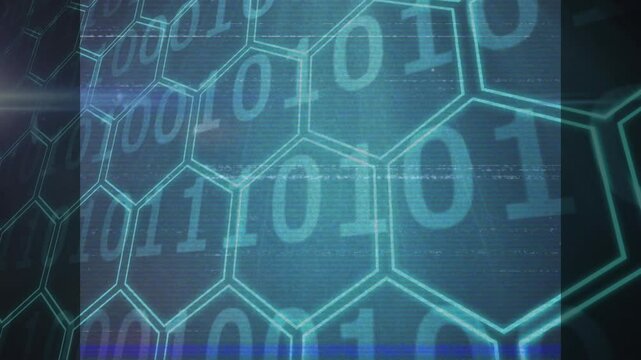 Animation of digital technology with binary code and hexagonal patterns in school