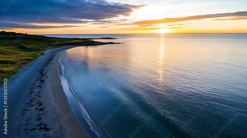 Poster stunning view of calm ocean waters at sunset with reflections and serene beach : generative ai