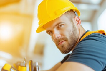 Young male technician with beard wearing a yellow hard hat and safety vest, focused on plumbing tools in a sunlit indoor setting