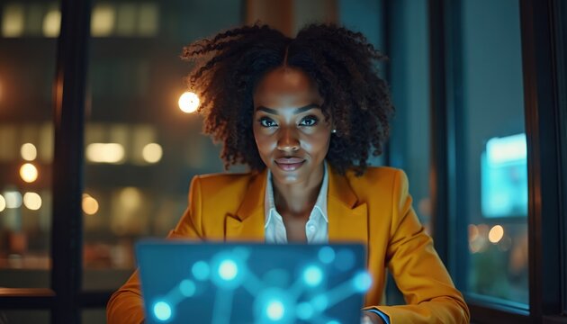 Attractive African American businesswoman uses laptop in video conference call. Business colleagues, team communicate, hologram digital. Woman works at night in office. Modern tech, online meeting.