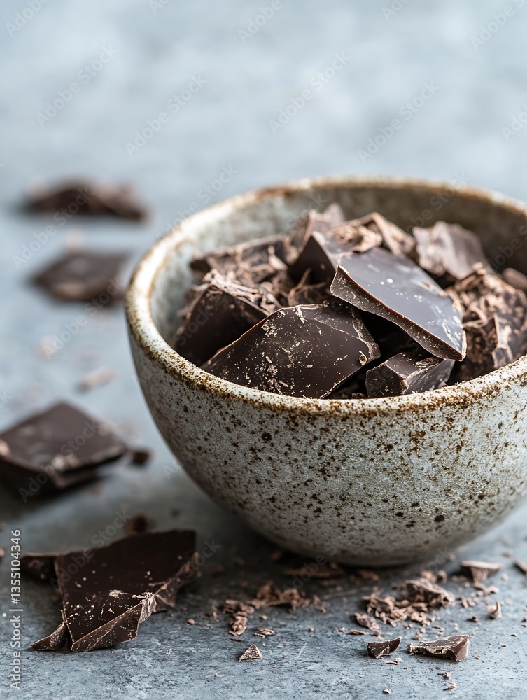Poster artisan dark chocolate pieces in a rustic bowl against a textured background : generative ai