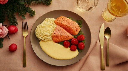 Elegant Grilled Salmon Dinner Plate with Creamy Sauce and Raspberries