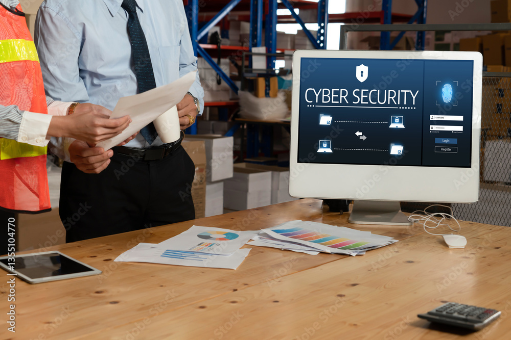 Poster cyber security system on computer screen protect private information snugly from hacker and cyber at