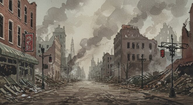 Haunting Watercolor Ruins: A City's Desolation - A somber watercolor painting depicts a city reduced to rubble, smoke rising from destroyed buildings, symbolizing loss, destruction, resilience